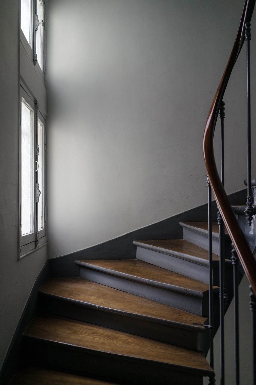 inside, wooden, stairs, house, wall, glass, gray house, gray wall, gray glass, gray glasses