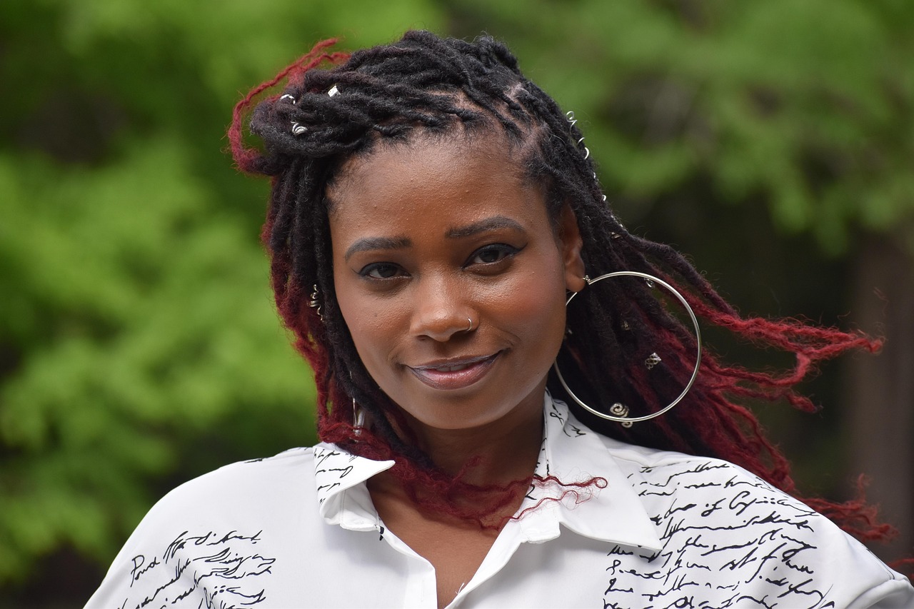 woman, model, young lady, smile, braids, fashion, glamourous, accessories, african woman, red hair dye, earrings, silver jewelry, lifestyle, candid, white blouse, portrait, 20s-30's, beautiful black woman, rare hairstyle, unique, smiling, cursive writing, woman, woman, woman, woman, woman, african woman, african woman, african woman